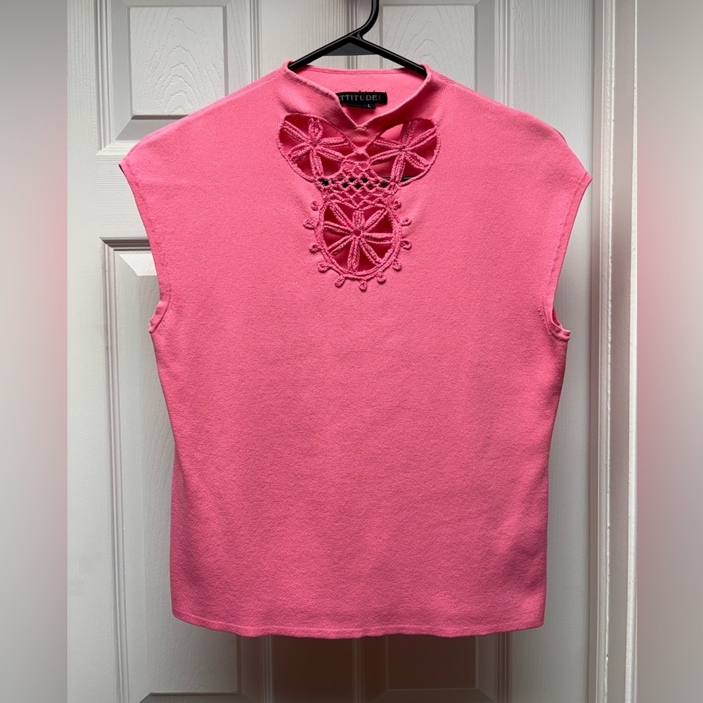 Attitude Women’s Pink Crochet Cutout Knit Top – Size L (Fits Like M)